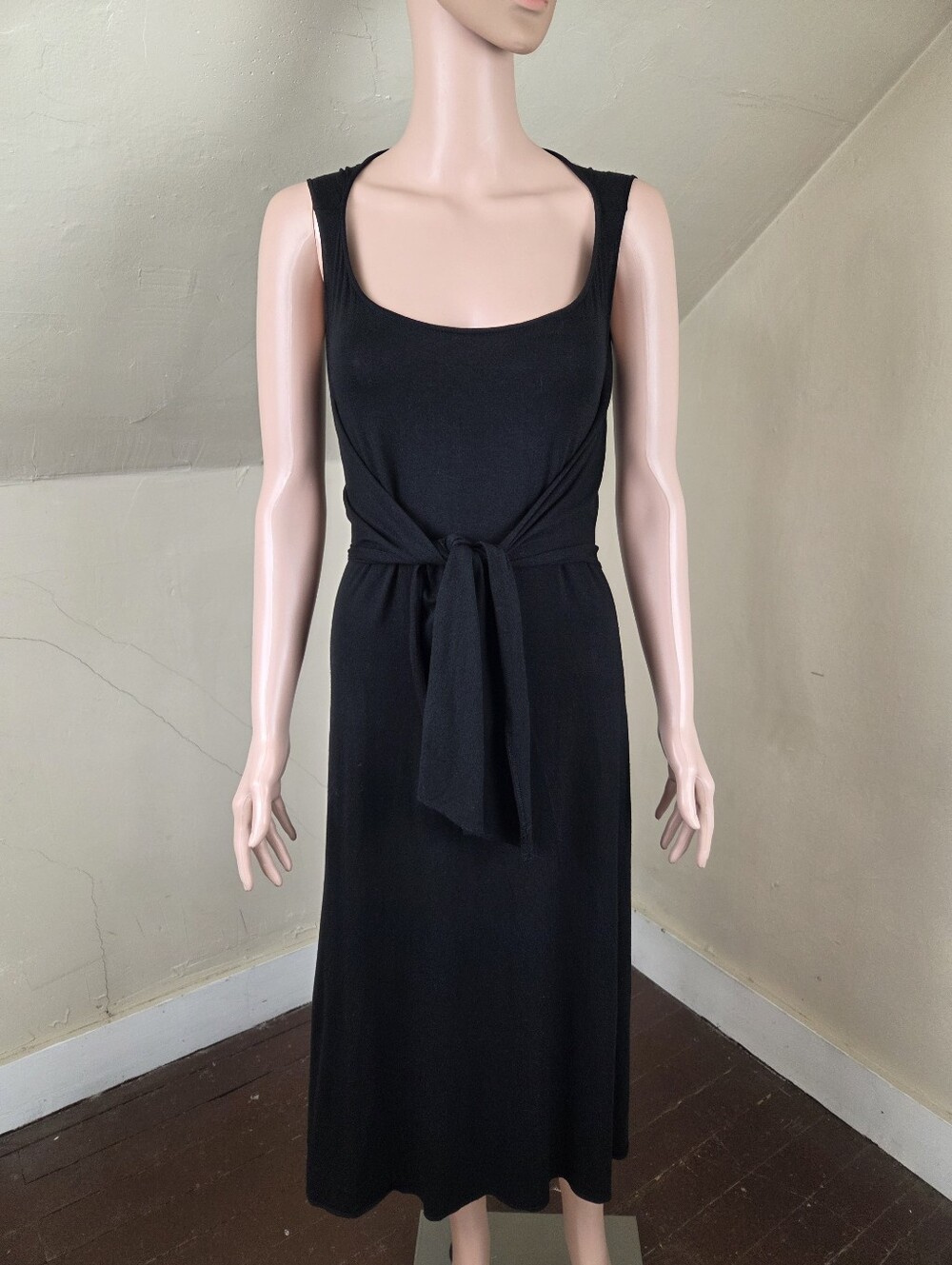 Charles Nolan New York Black Stretch Midi Dress Tie Waist Sleeveless Large